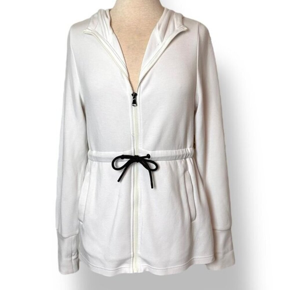 Varley Colby Ivory White Cinched Waist Black Tie Hoody Thumbhole Cuff Sz M